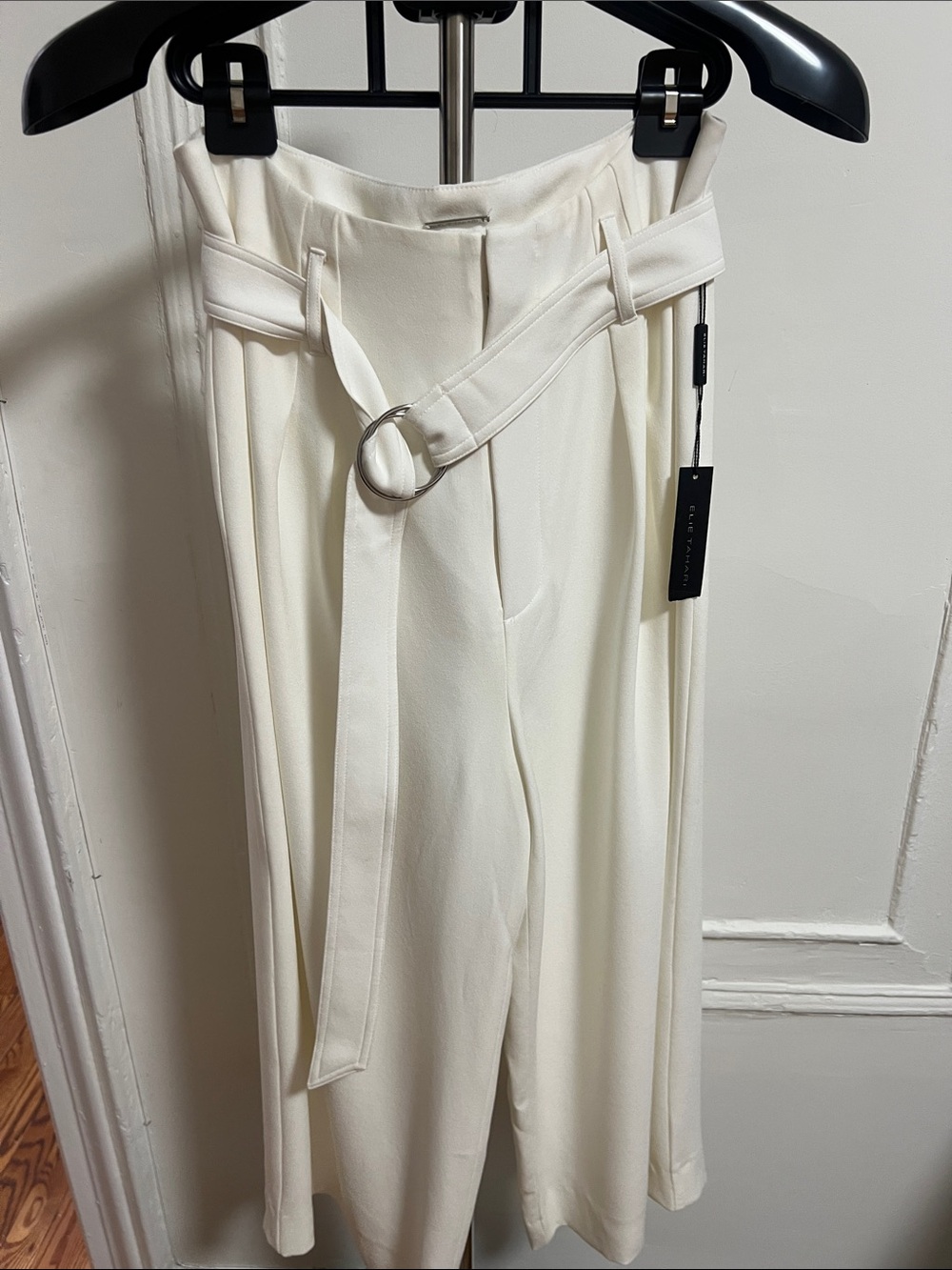Elie Tahari Ivory Wide-Leg Belted Trousers with D-Ring